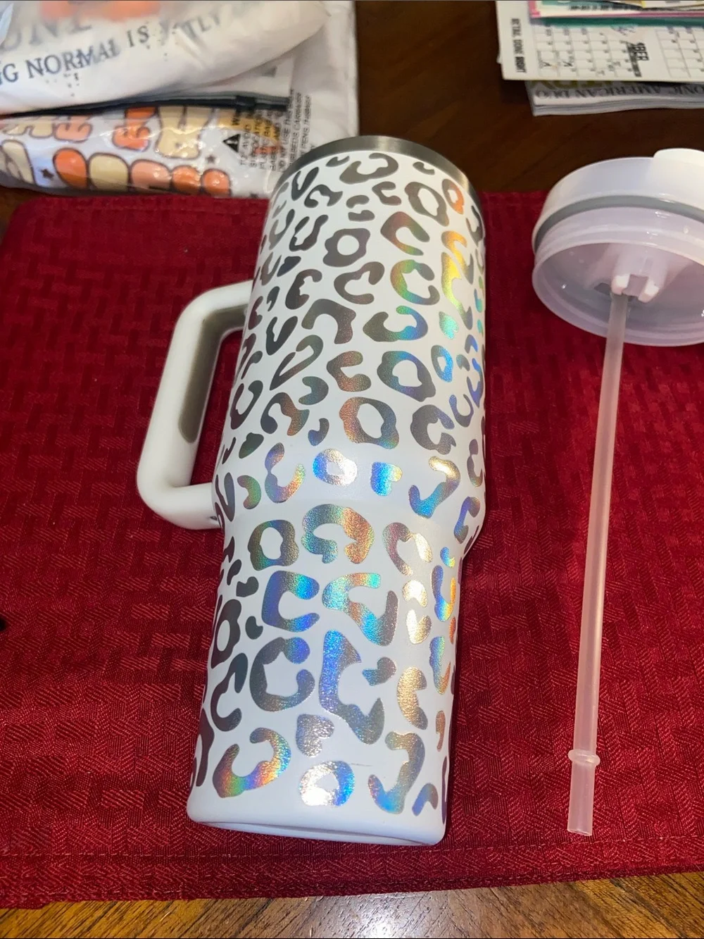 White Holographic Leopard Print Travel Mug with Handle